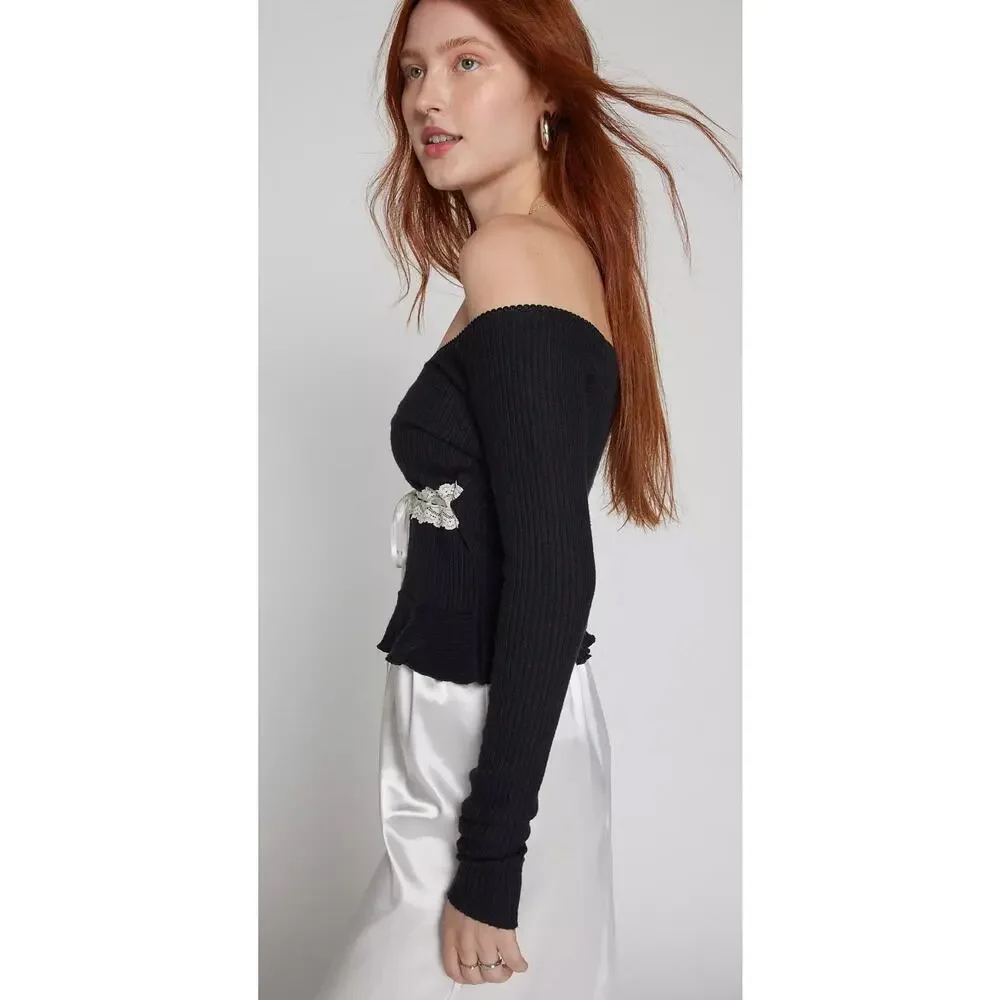Kimchi Blue Gianna Off The Shoulder Lace Inset Top Green Small